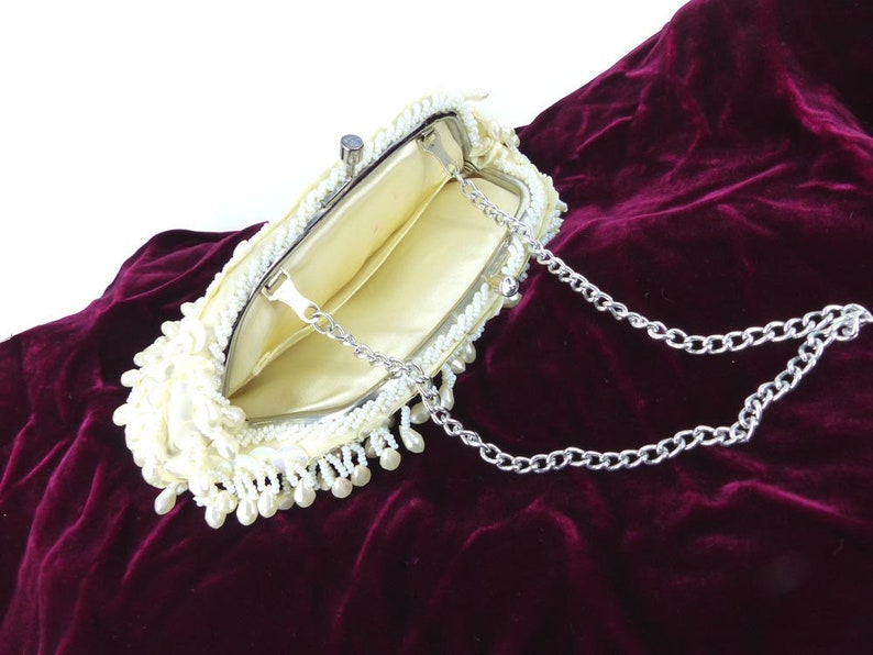 sequin and pearl beaded Holiday Party or bridal purse Silver kiss lock closure and wrist chain Winter white seed bead Gift packaged.