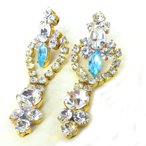 Couture style wedding Bijoux MG Czech post chandelier earrings. Pristine Clear rhinestones with aqua marquis detail. Gift packaged