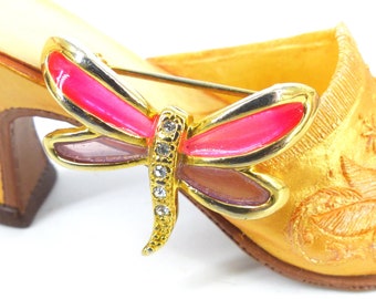 Gold dragonfly pin with beautiful hot pink and lavender glass inset in wings, crystal detailed tail. Latch back closure. Comes gift packaged