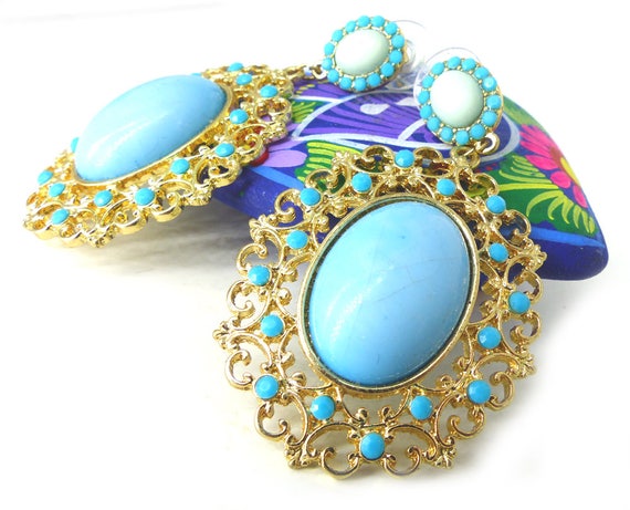 Gold filigree boho faux turquoise dangle post ear… - image 9