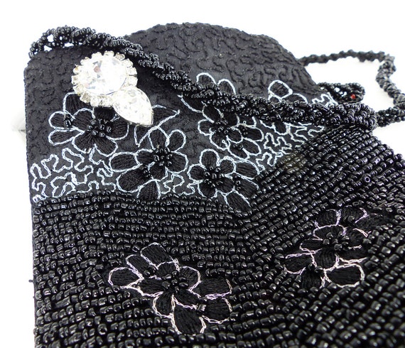 Vintage black beaded purse pouch with beautiful e… - image 5