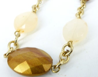 Unique vintage chunky gold chain necklace with faceted metallic copper & cream beads with white pearl details. Mid Century classic