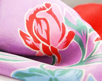 Vintage buttery soft shimmery suede silk scarf red, sky blue, pale yellow, rich lavender floral. Sweet tight rolled hem.