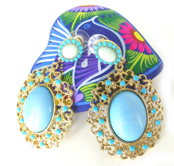Gold filigree boho faux turquoise dangle post ear… - image 1