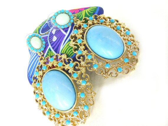 Gold filigree boho faux turquoise dangle post ear… - image 7