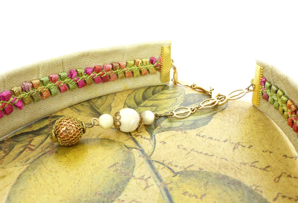 Festival Choker Necklace Cream Croc Textured Leather, Metal 