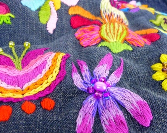 Hand embroidered & beaded Boho floral design dark blue denim Union Bay jacket. Size S. Details on back and pockets. One of a kind design