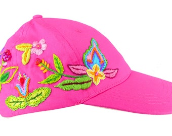 Boho flowers hand designed and embroidered bright pink baseball cap with beaded details. Velcro tab, 1 size fits all