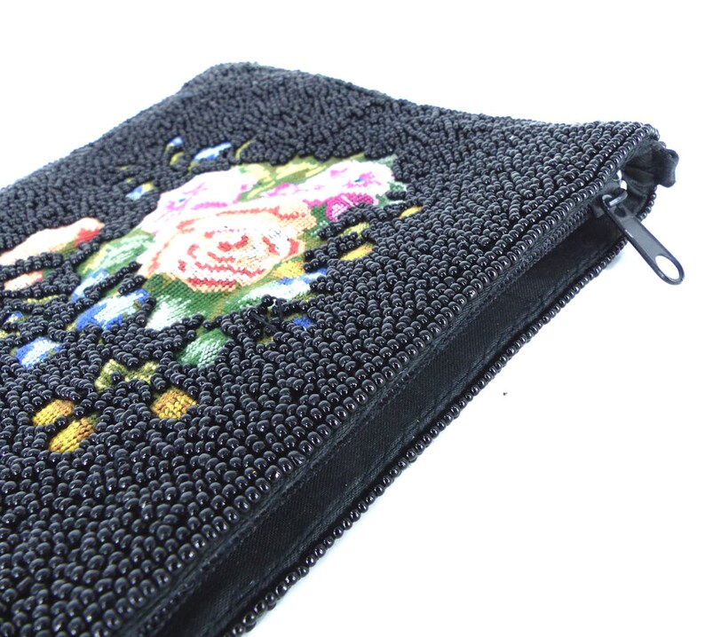 Satin interior /& back Black seed beaded purse zipper pouch with beautiful embroidered needlepoint antique rose detail