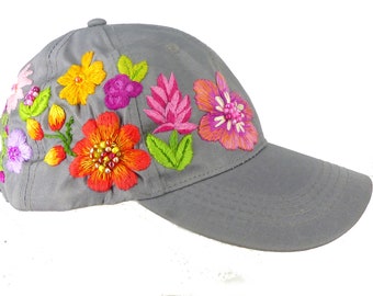 Garden flowers, hand designed and embroidered medium gray baseball cap with beaded details. Velcro tab, 1 size fits all.One of a kind design