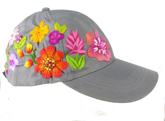 Garden Flowers, Hand Designed and Embroidered Medium Gray Baseball