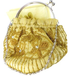 Puede incluir: Un bolso de noche de cuentas doradas con una correa de cadena plateada y un cierre plateado. El bolso est&aacute; decorado con un patr&oacute;n floral.
