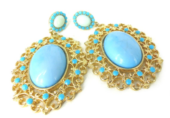 Gold filigree boho faux turquoise dangle post ear… - image 3