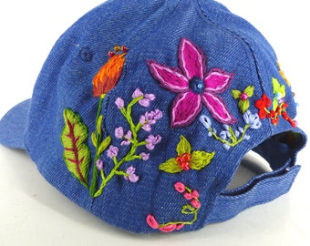 Hand Embroidered Floral Design Boho Style Baseball Hat/cap  display picture 3