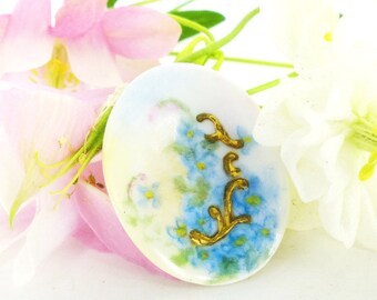 Magnetic brooch Blue flowers with raised gold gilt details Antique Victorian porcelain upcycled "Chick Magnet" Mag TAK.