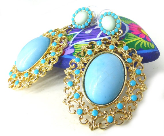 Gold filigree boho faux turquoise dangle post ear… - image 2