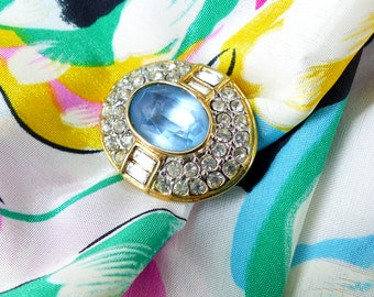 Drop dead gorgeous baby blue magnetic MagTAK scarf pin or brooch clear crystals in gold setting with baguette detail. Silk button back