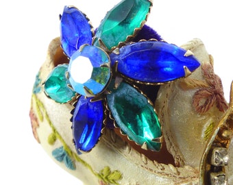 Magnetic brooch Mag TAK™  Cobalt blue and  green crystals in a floral design & velvet back button. Don't poke holes in your fine fabrics