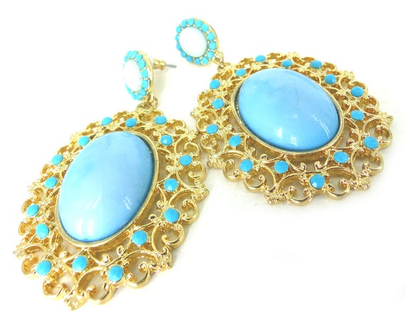 Gold filigree boho faux turquoise dangle post ear… - image 5