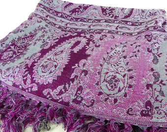 Super Soft! Pashmina style wrap in a gorgeous deep violet paisley floral design with gray background. Fringe edges. Gift packaged