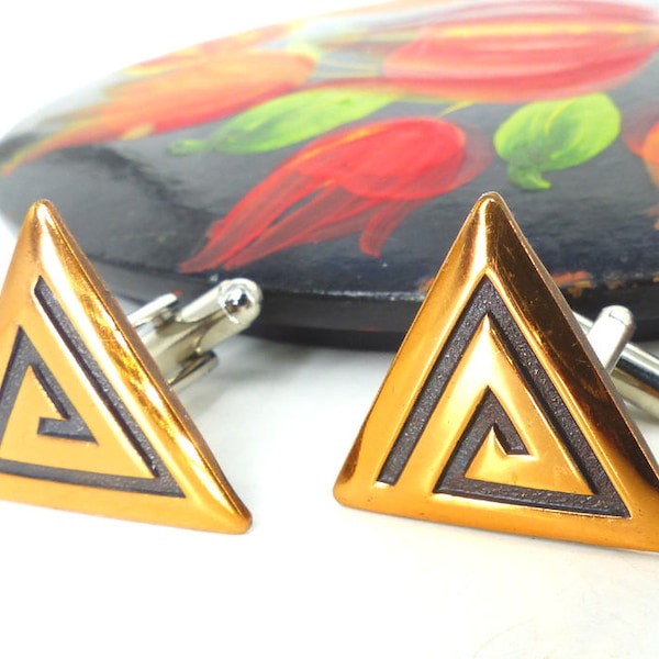 French cuff statement cufflinks for women in a modern copper with a modern tribal triangle design. "Chick Links". Silver hardware