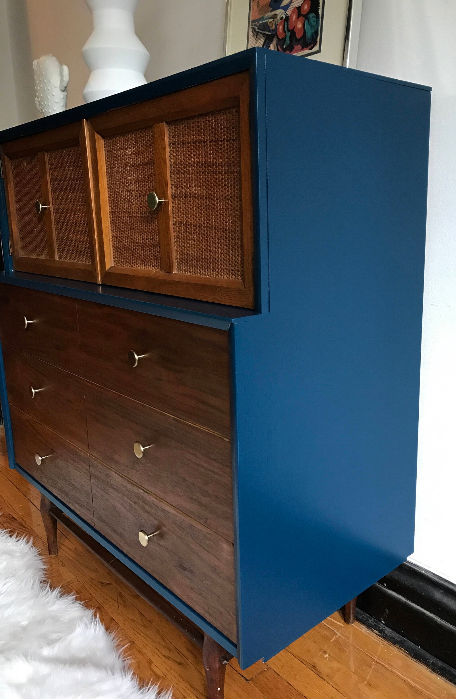 Navy Blue Mid Century Modern Tall Dresser//MCM Gentleman's | Etsy