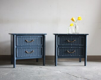 Vintage Nightstand Pair//Refinished Faux Bamboo and Wicker Bedside Tables
