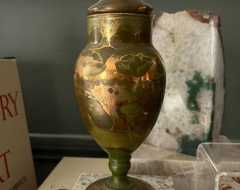Vintage Green and Gold Marbled Glass Jar