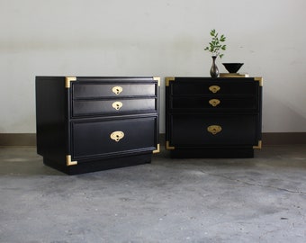 SOLD**Pair of Vintage Campaign Nightstands in High Gloss Black Lacquer