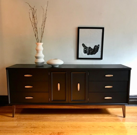 Sold Matte Black And Wood Mid Century Modern Credenza Refinished Mcm Dresser Vintage Modern Media Console Painted Sideboard Buffet