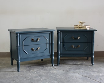 SOLD**Pair of Vintage Bamboo Nightstands by Broyhill Refinished in Deep Teal//Matching Bedside Tables