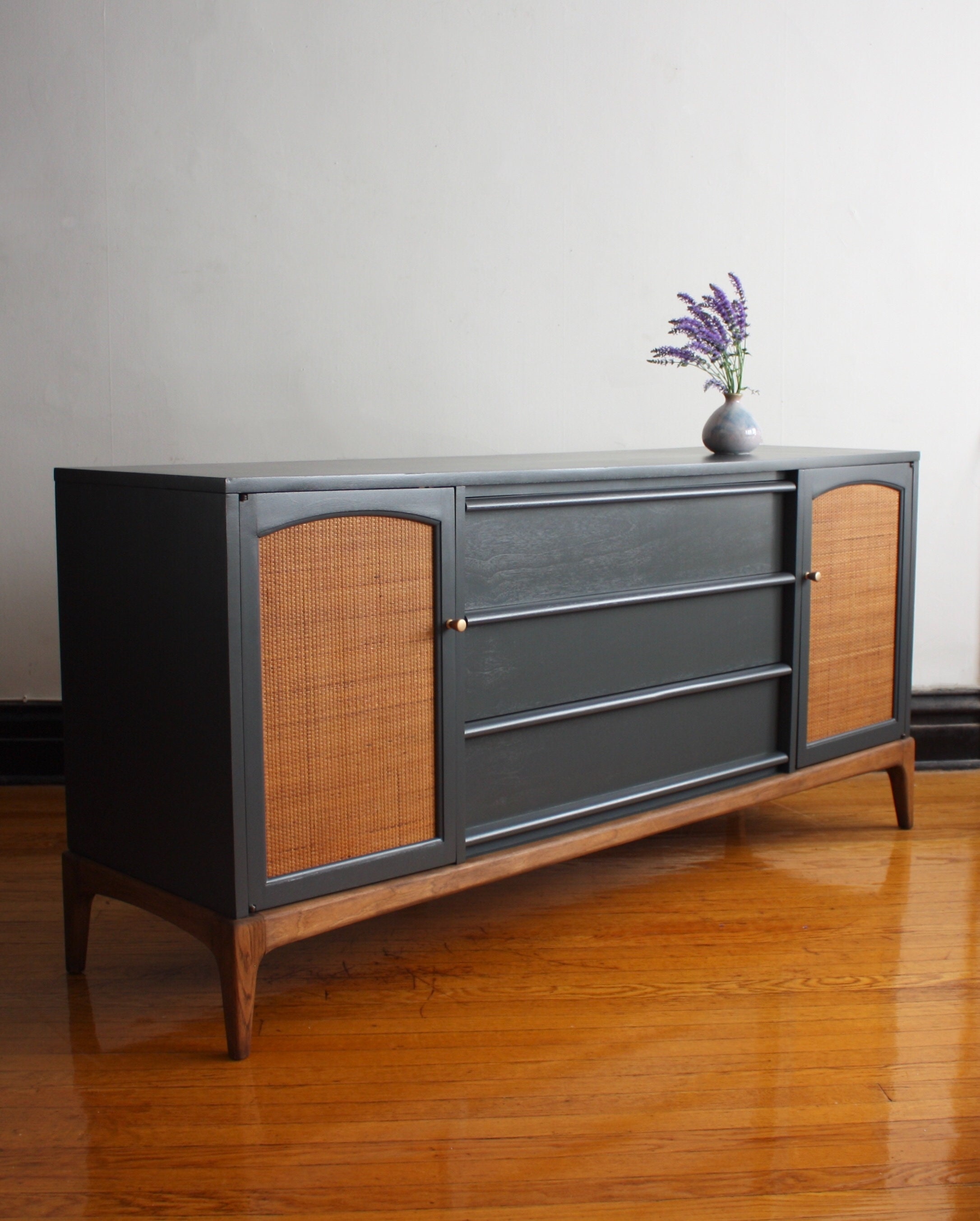 Soldgray and Wood Mid Century Modern Credenza by Lane vintage MCM