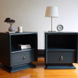SOLD Forest Green Nightstand Pair Refinished Vintage Modern Side Tables Matching End Tables Set of Two Painted Vintage Bedside Tables