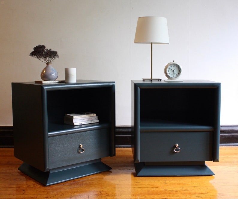 SOLDForest Green Nightstand Pair//Refinished Vintage Modern Side Tables//Matching End Tables//Set of Two Painted Vintage Bedside Tables image 1