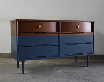 SOLD**Blue and Wood Mid Century Modern Dresser//Refinished MCM Dresser//Vintage Credenza//Modern Media Console//Dipped Style Dresser