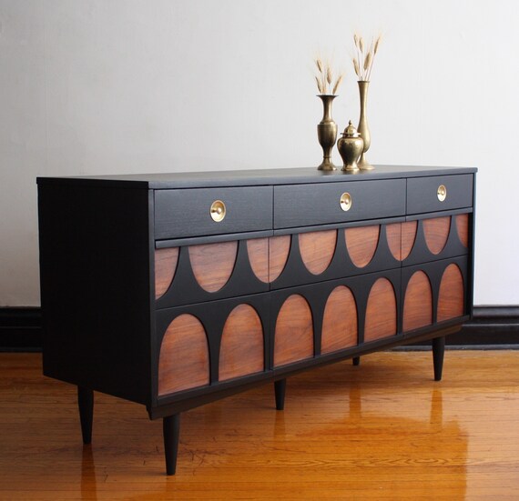 Soldblack And Walnut Mid Century Modern Credenza Refinished Etsy