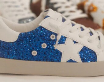 Festive And Fun Royal Blue Glitter  With White Star Lace-up Tennis Shoe Sneaker