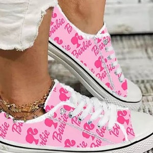 Cute & Sassy Pink Barbi Figure Style Raw Hem Lace-up Flat Canvas Tennis Shoes