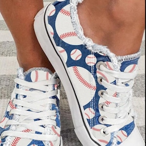 Fun Baseball Raw Hem Lace-up Flat Blue Canvas Tennis Shoe Sneaker