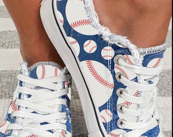 Fun Baseball Raw Hem Lace-up Flat Blue Canvas Tennis Shoe Sneaker