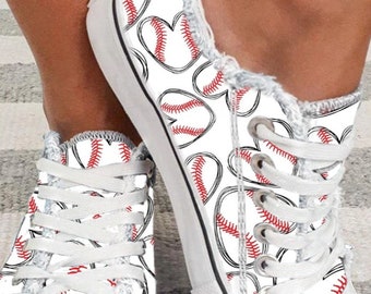 Fun Heart Baseball Raw Hem Lace-up Flat White Canvas Tennis Shoe Sneaker