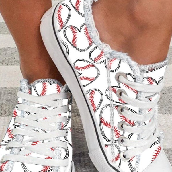 Fun Heart Baseball Raw Hem Lace-up Flat White Canvas Tennis Shoe Sneaker