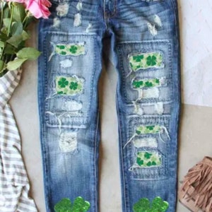 Fun And Festive St. Patrick's Day Relaxed Distressed Boyfriend Fit Jeans With Sequined Shamrock Patches