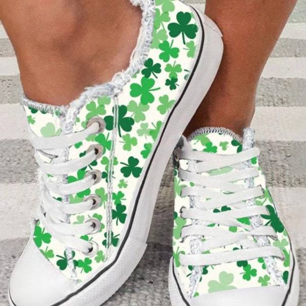 Fun & Festive Green Clover Shamrocks St. Patrick's Day Raw Hem Lace-up Flat Canvas Tennis Shoes