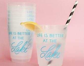 Life Is Better At The Lake | Set of 8 16 oz Frosted Shatterproof Cup | Lake Party Tableware, Hostess Gift, Lakehouse Kitchen