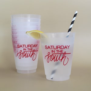 Saturday In The South | Set of 8 16 oz Frosted Shatterproof Cup | College Football Tailgate Cup | Ole Miss Alabama Bama Georgia Texas Tech