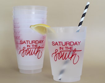 Saturday In The South | Set of 8 16 oz Frosted Shatterproof Cup | College Football Tailgate Cup | Ole Miss Alabama Bama Georgia Texas Tech