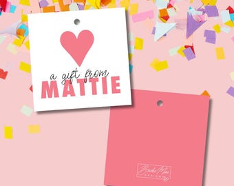 Heart Custom "A Gift From" Gift Tags | 2.75" Square Gift Tags, Kids Gift Tags, Girl Name Gift Tags, Fun Birthday Tag, Colorful Gift Tag