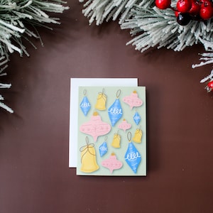 Cartão de felicitações de Natal Vintage Colorido com Enfeites de Natal | Cartão de Natal, Cartão de Natal Retro, Enfeite Vintage, Cartão de felicitações de Natal