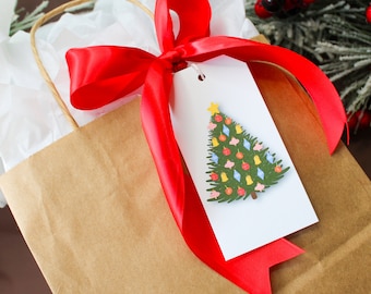 Set di 8 etichette regalo natalizie vintage a forma di albero di Natale / Carta da regalo natalizia, Natale retrò a forma di albero, Natale colorato